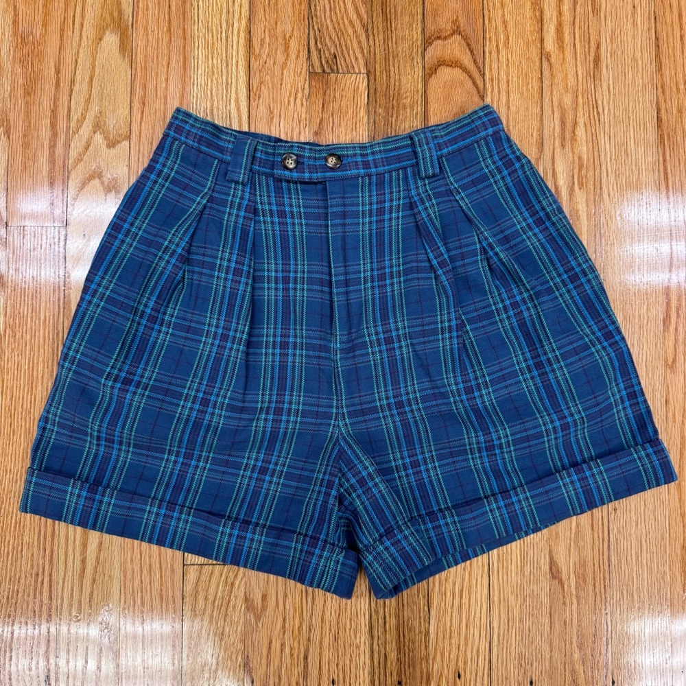 GAP Women's Blue & Green Plaid Pleated Shorts Y2K